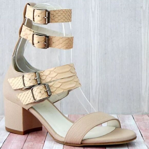 FREDA SALVADOR Blush Nude Open Toe Block Heel Cage Sandals - Picture 1 of 12